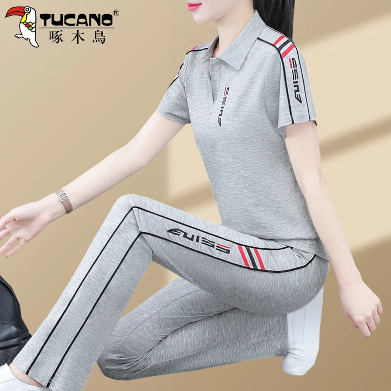 啄木鸟翻领运动套装女2025新款夏季时髦洋气女士宽松休闲服两件套