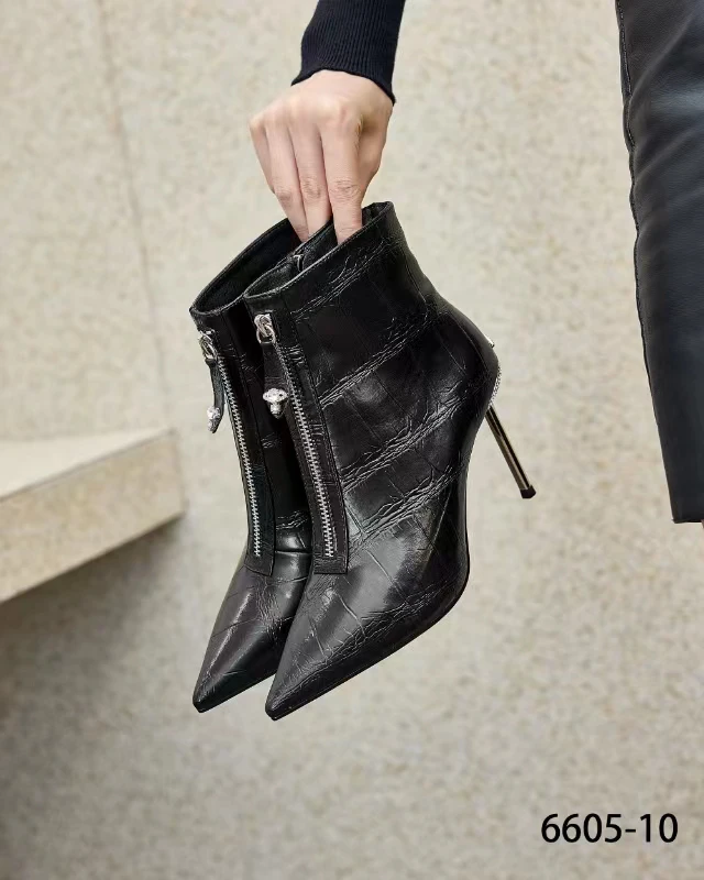 2024秋冬新款单靴尖头细跟高跟短靴女侧拉链时尚百搭6605-10