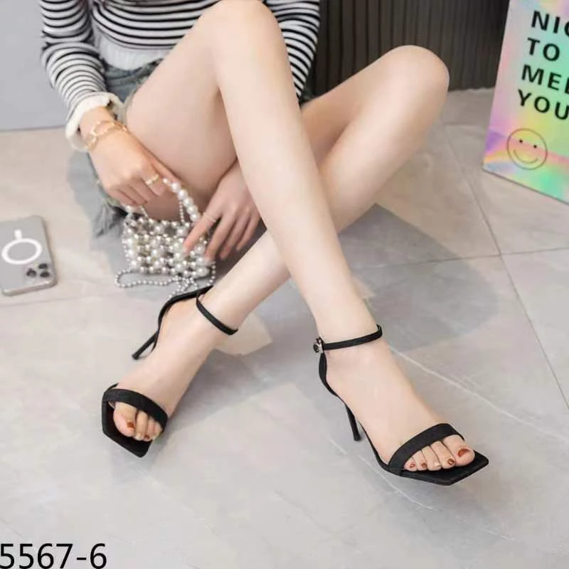 新款！夏季高跟鞋百搭新国风方头露趾凉鞋一字带扣细跟时装5567-6