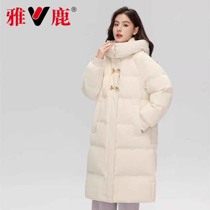 雅鹿中长款过膝羽绒服女2023冬季新款时尚宽松加厚可拆卸连帽外套