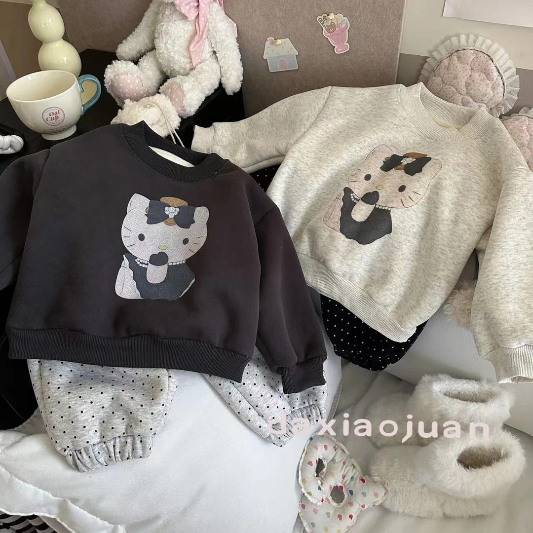 【大小卷】冬季女童加绒kitty猫波点裤休闲套装-39563