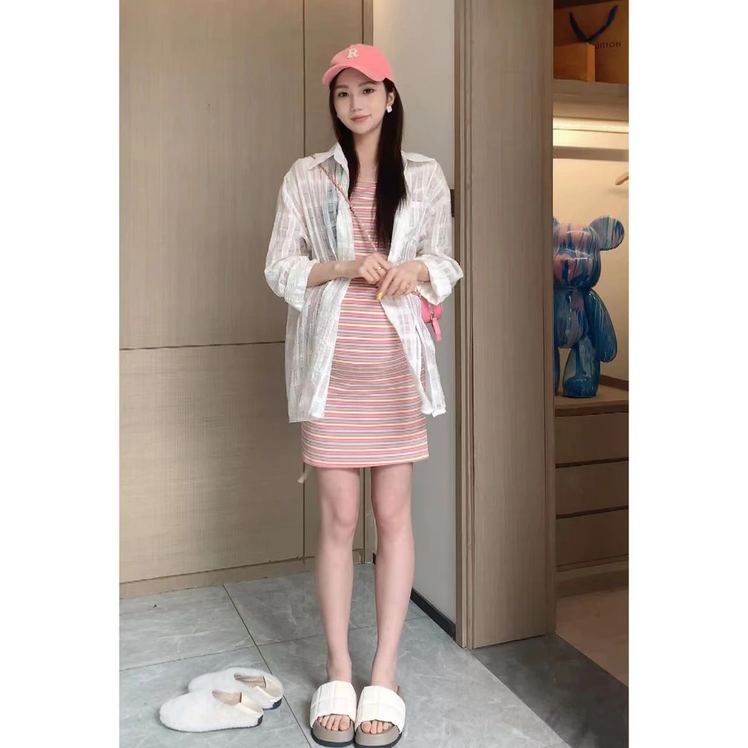 【彩虹效应】ZM穿搭&自制孕妇显瘦时尚开衫裙子彩虹条两件套春夏
