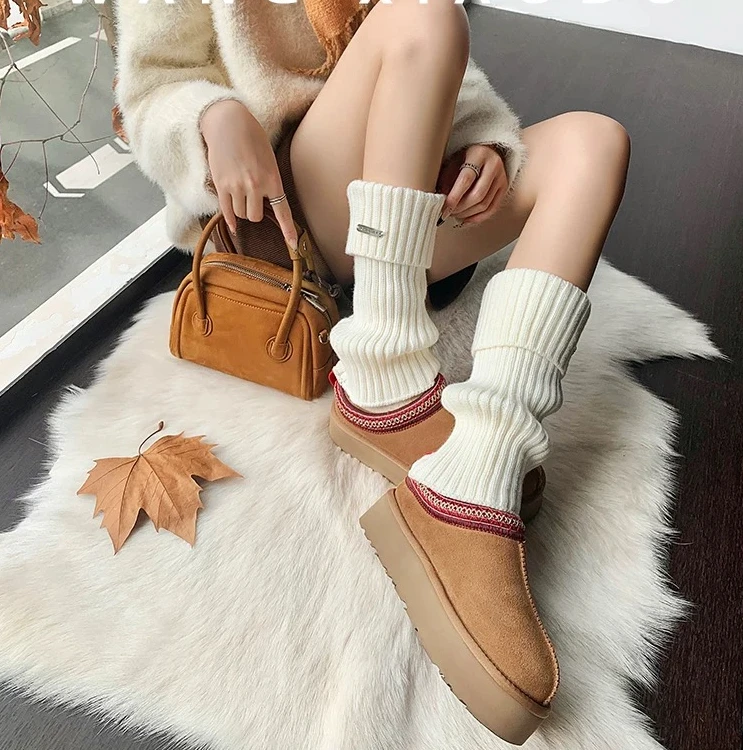 真皮牛皮民族风包头半托外穿厚底增高雪地靴女冬季皮毛加绒一脚蹬