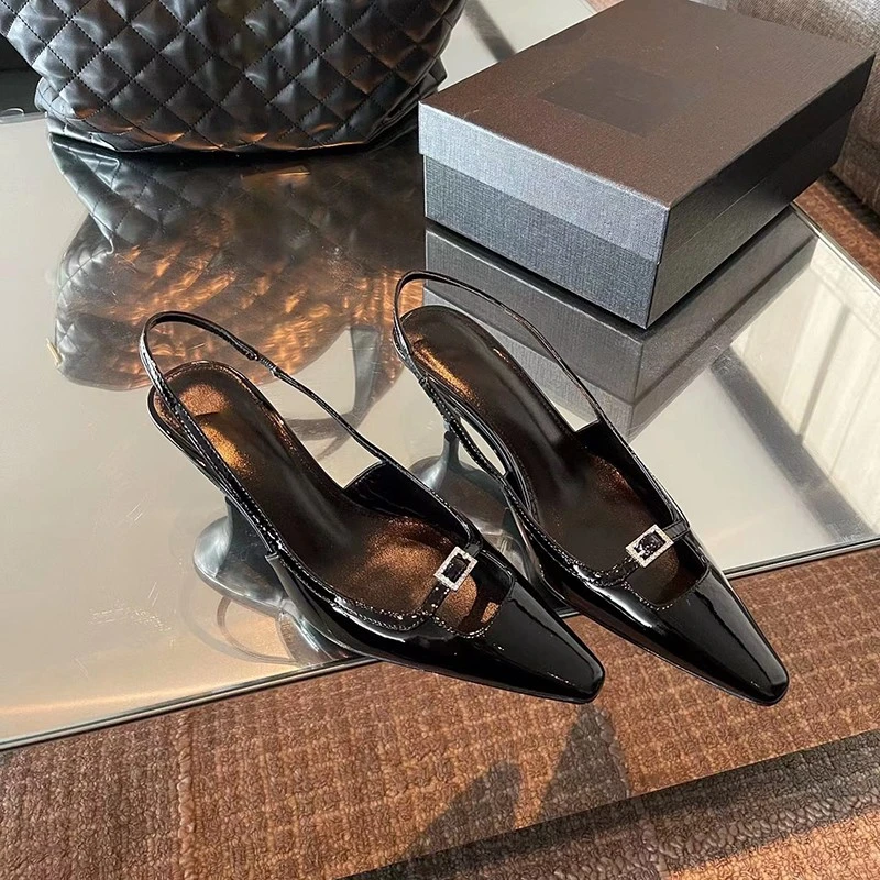 2025夏季新款包头凉鞋黑色漆皮单鞋细跟法式小众设计方头高跟鞋女