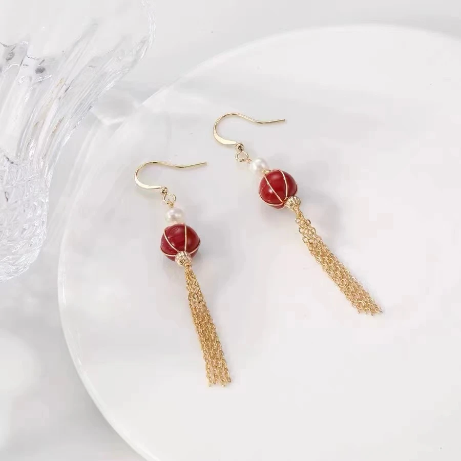 合金亚克力耳饰 柿柿如意红色时尚百搭长款手工吊坠耳饰