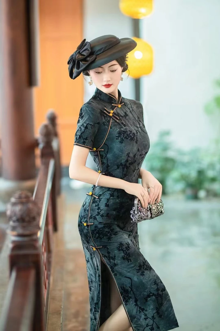 【俏江南】中国风优雅重磅提花修身中长款气质显瘦旗袍-A15