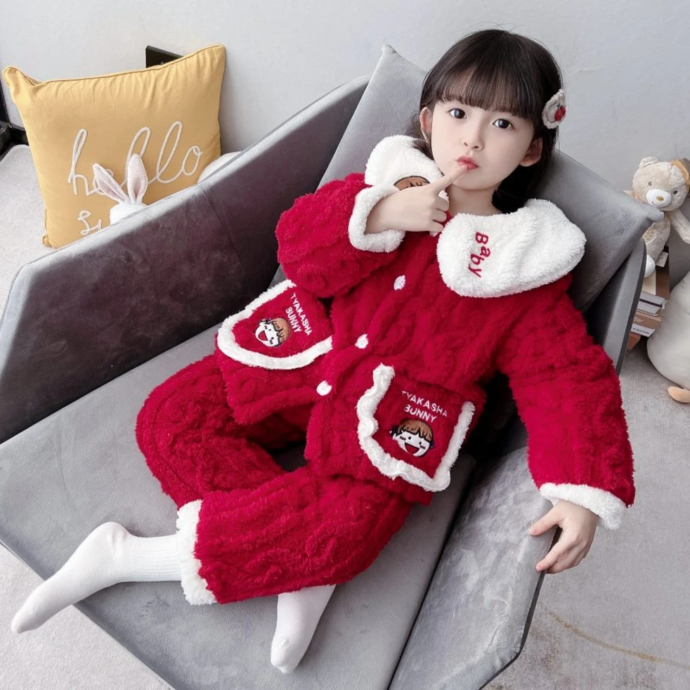 儿童三层夹棉加厚睡衣女童家居服套装宝宝女宝冬款童装加绒保暖