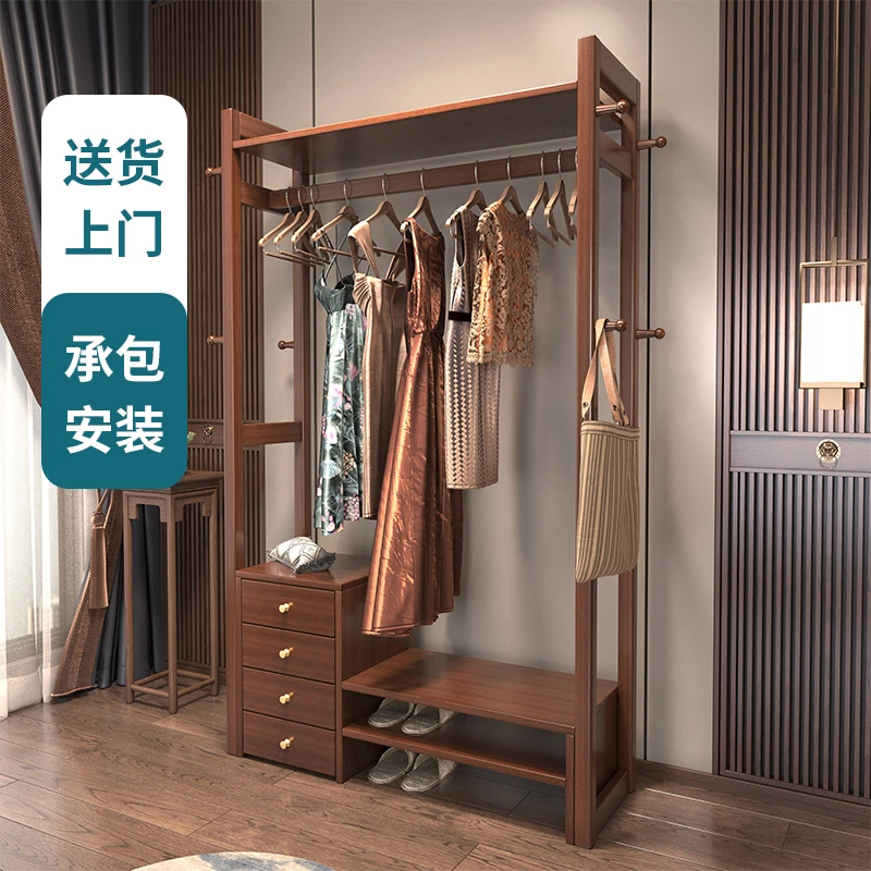 玄关挂衣架落地家用鞋架可坐客厅衣服架带抽屉多功能新中式置物架