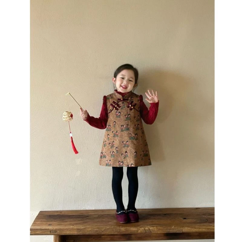 新中式拜年服女童旗袍裙宝宝冬季国风复古盘扣连衣裙+内搭毛衣