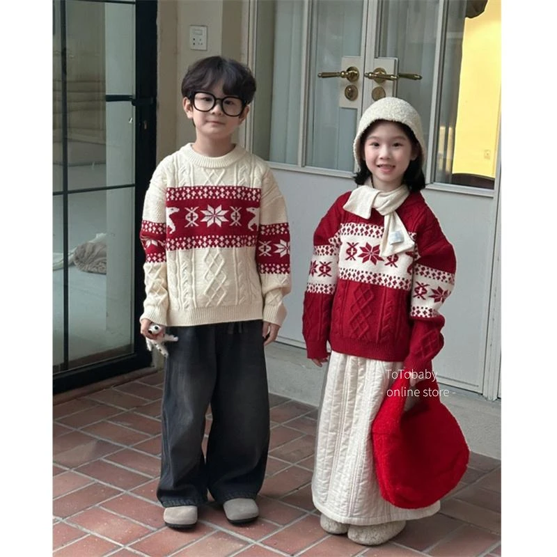 童装2024男女童圣诞雪花针织上衣儿童新年款保暖毛衣外套