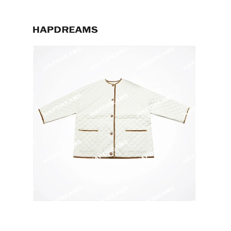 白色菱格棉外套 24秋冬款气质白金无领薄棉服