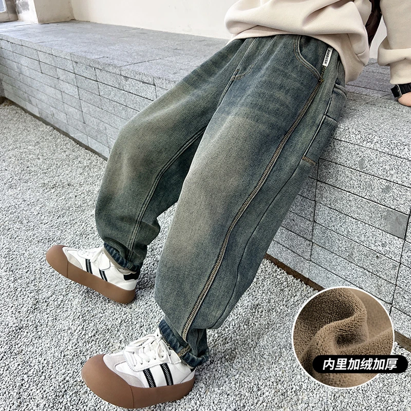 男童冬季加绒牛仔裤2023新款中大童保暖冬装裤子儿童洋气加厚休闲