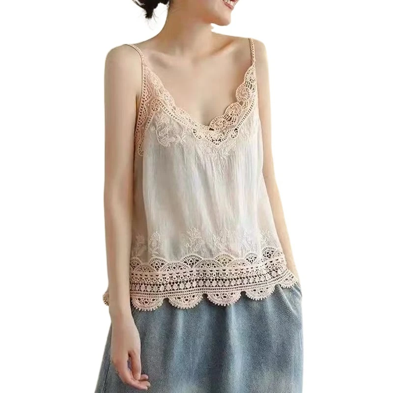 文艺镂空蕾丝棉麻吊带背心女2024夏季新款性感内搭打底衫花边上衣
