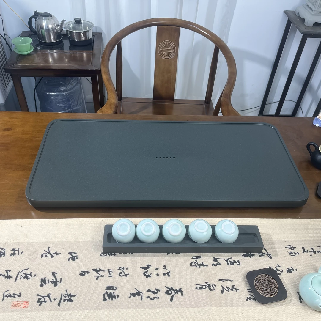 天罗绿石茶盘高档简约大号长方形排水式家用轻奢茶道干泡精美茶盘