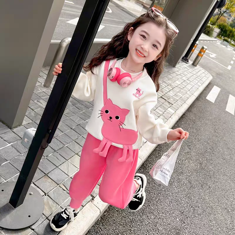 女童2024新款秋装洋气套装儿童刺绣立体卫衣两件套休闲卡通套装