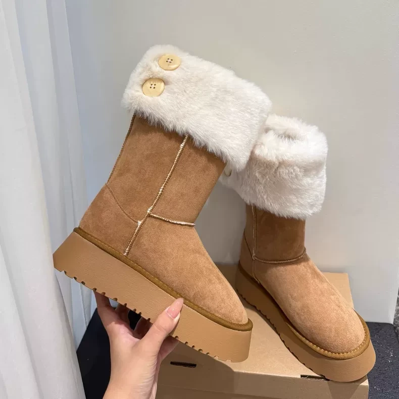 千颂伊同款厚底高筒雪地靴女皮毛一体过膝加绒长筒河南桑坡村棉鞋