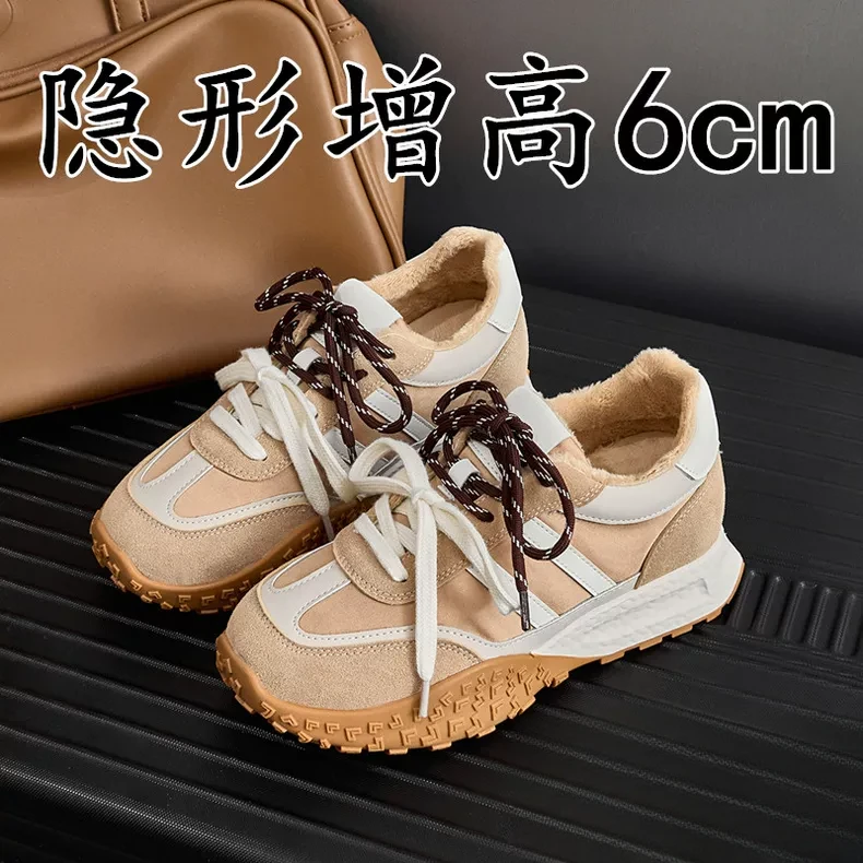 小码厚底德训鞋女秋冬加绒复古棉鞋松糕底内增高阿甘鞋真皮休闲鞋