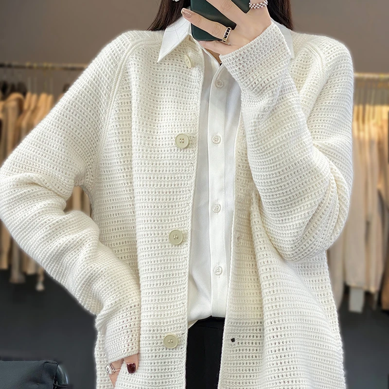 【镂空开衫】针织100%羊毛纽扣长袖气质时尚百搭宽松纯色BT-6820