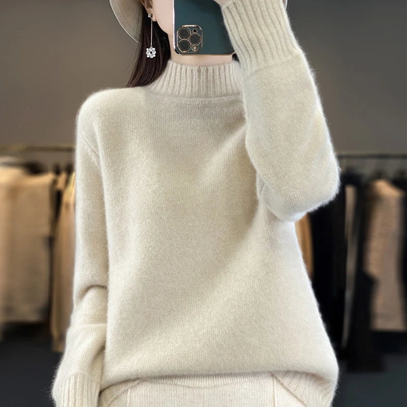 加厚款100%羊毛衫半高领宽松冬季毛衣百搭女士羊毛衫韩版洋气