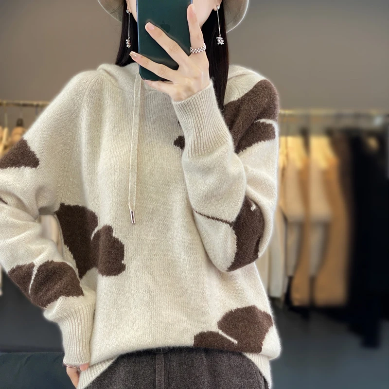 【枫叶帽衫】秋冬女款100%羊毛针织拼色百搭时尚连帽宽松BT-6817