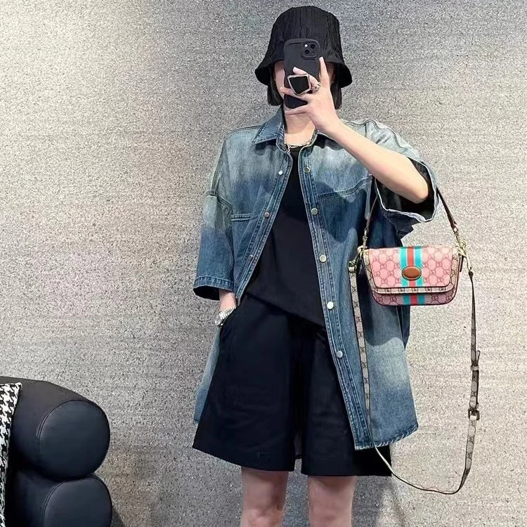 2359韩版百搭款显瘦牛仔短袖衬衣