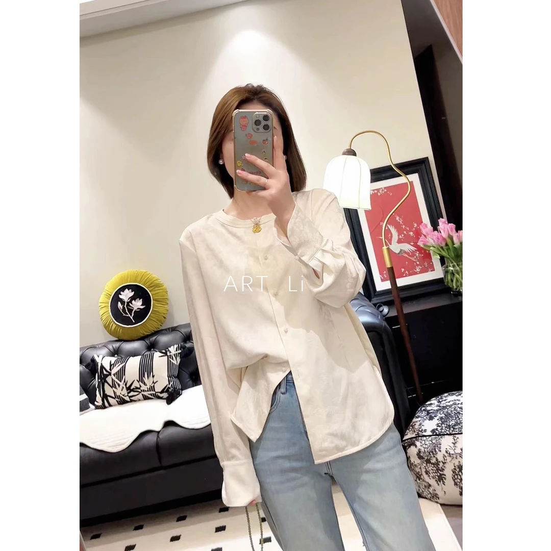 Art li  莉姐气质长袖纯色立体提花T恤新中式百搭小众设计感7951