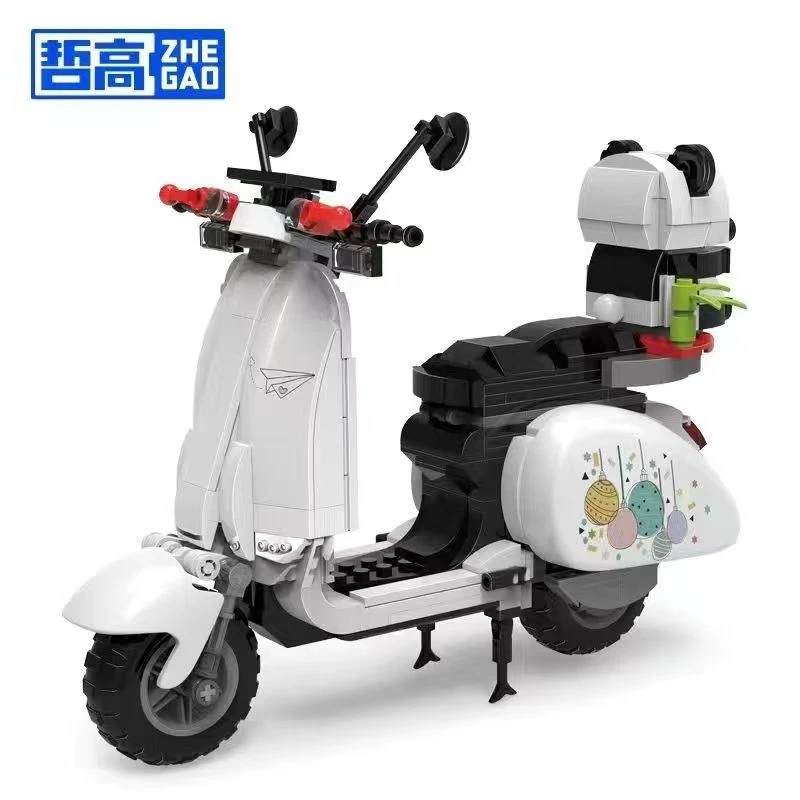 哲高-创意摩托白色小踏板电动车积木拼装模型摆件-00326
