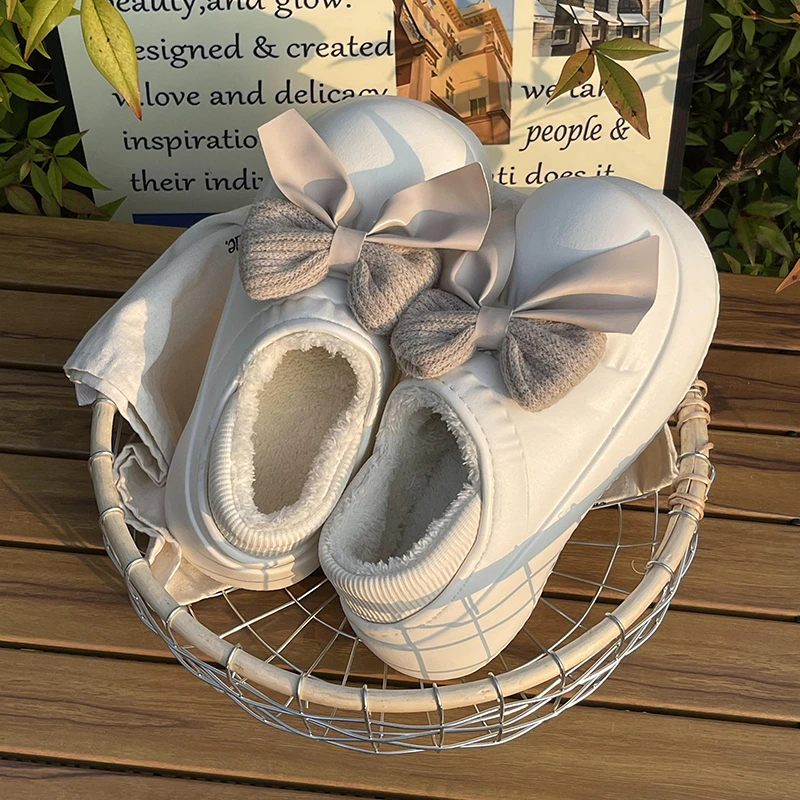 秋冬季蝴蝶结棉拖鞋防滑新款室内家居月子鞋女保暖厚底毛拖男情侣