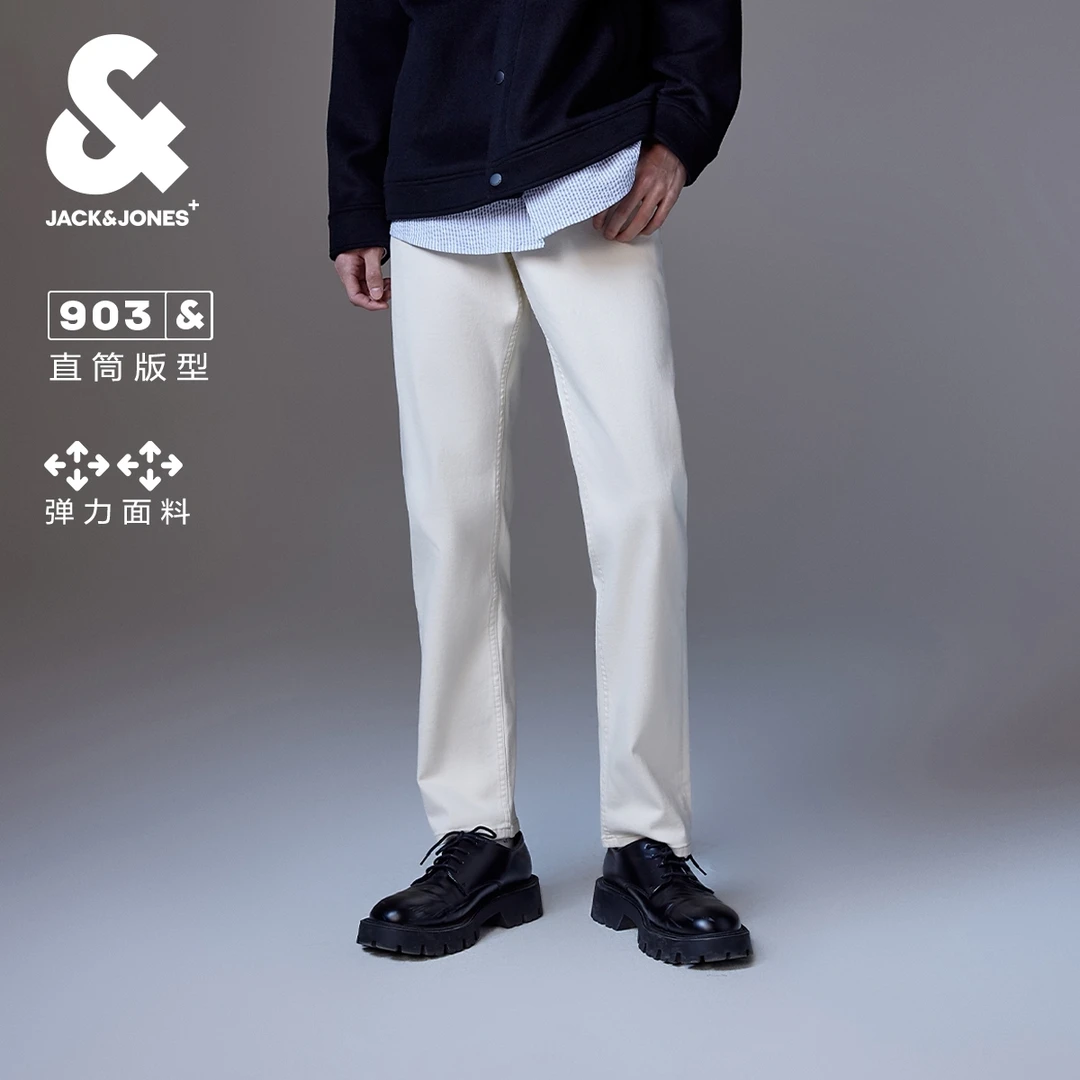 杰克琼斯秋季舒适简约高弹基础水洗百搭白色直筒户外牛仔裤男装