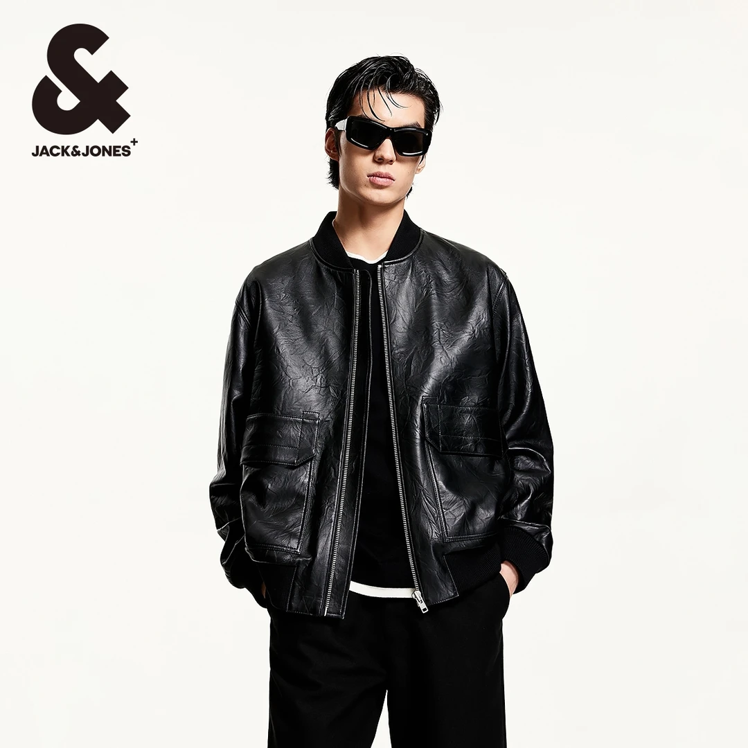 杰克琼斯春季简约舒适略宽松球领型男士皮夹克高级感高级感男装