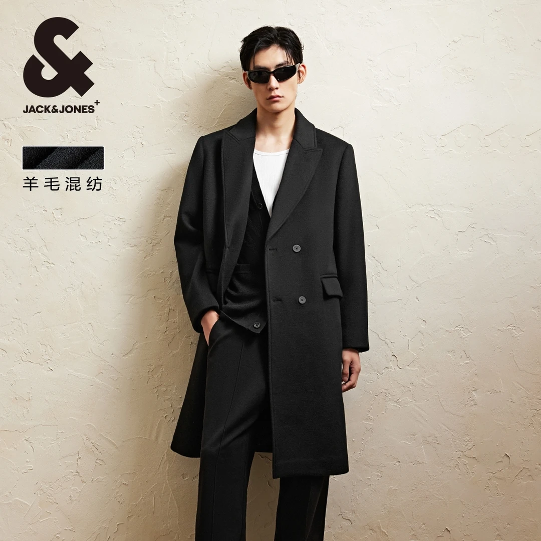 杰克琼斯秋季男士大衣外套黑色休闲静奢风中长款纯色男装秋冬酷飒
