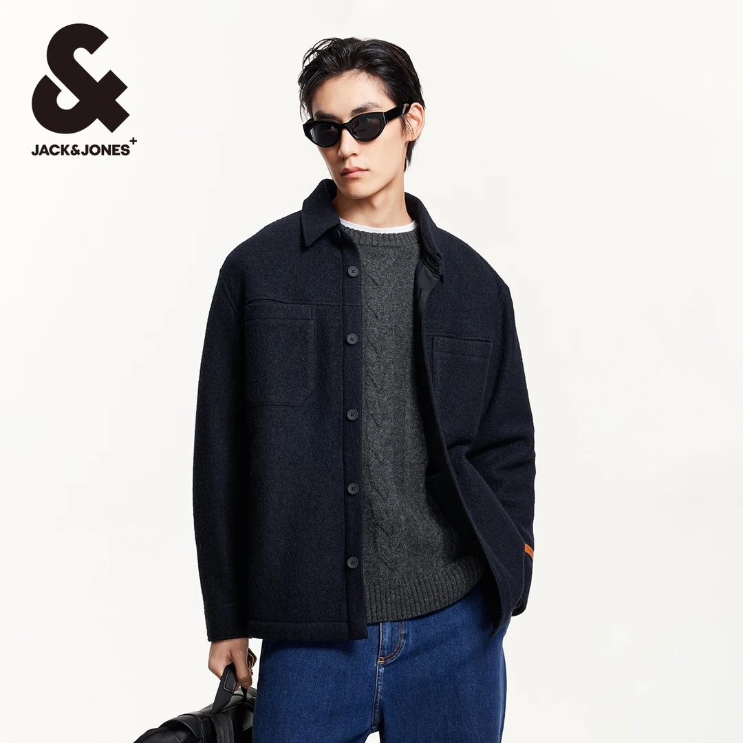 杰克琼斯秋季男士翻领羊毛外套短款毛呢上衣男装商务简约休闲保暖