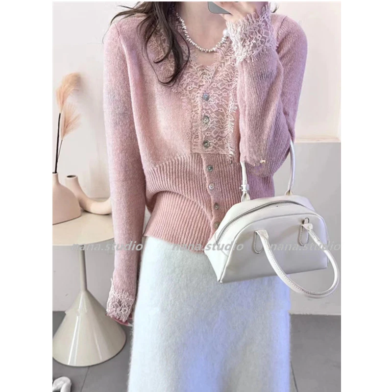 【娜娜优选】睫毛蕾丝衫V领开衫女薄款显瘦2023新款针织打底衫上衣