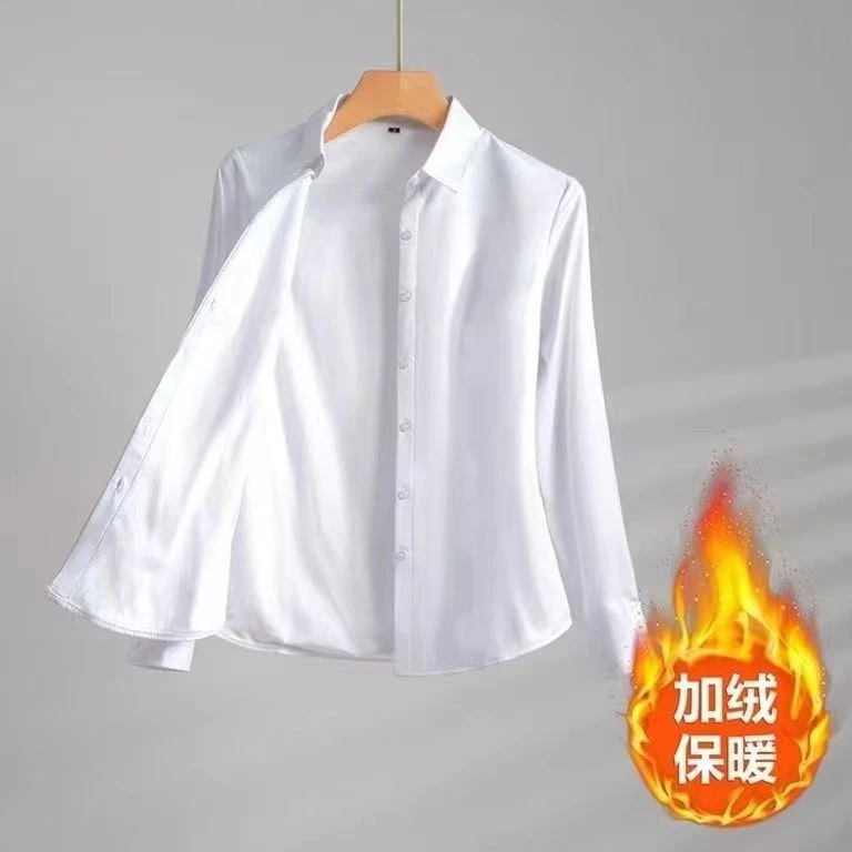加绒加厚一体白衬衫女修身长袖职业大码工作服正装学生蓝衬衣韩版