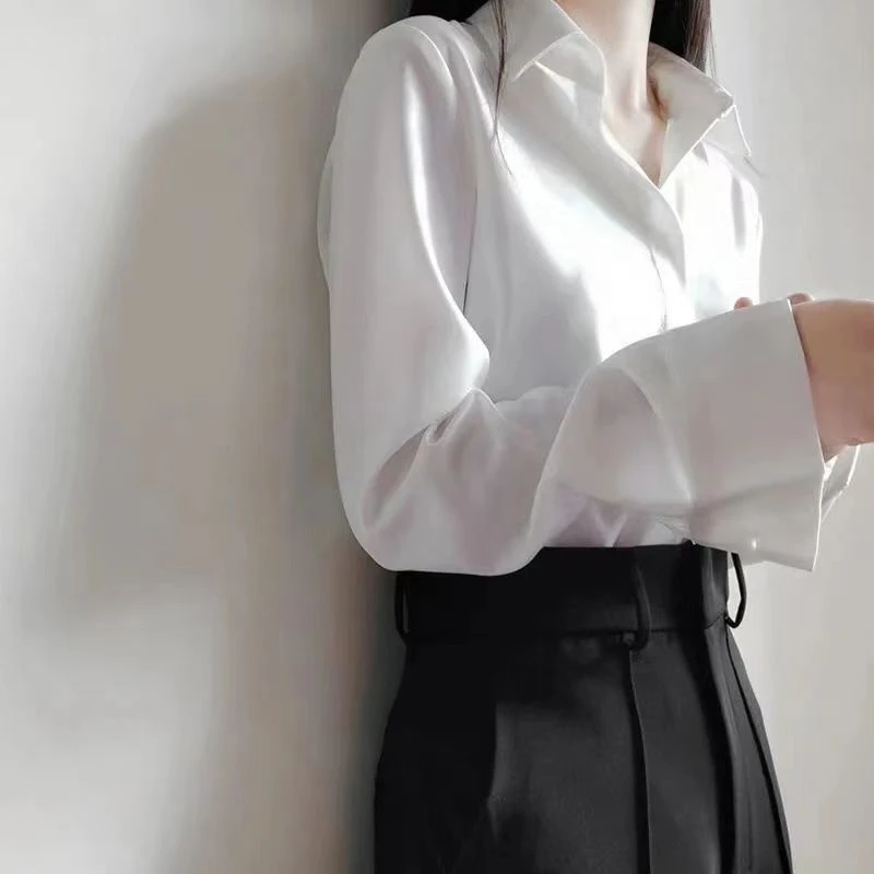新款春夏季小众薄款白衬衫女暗扣防走光长短袖工作服白色韩版正装