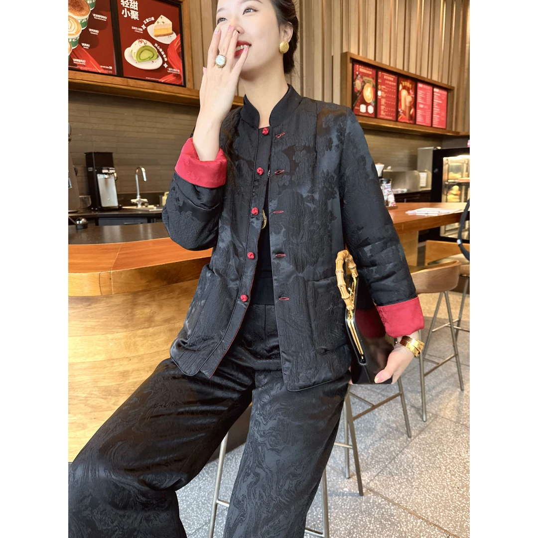 【老罗家】原创真丝棉衣女桑蚕丝冠乐皱棉服新中式正反两穿黑红外