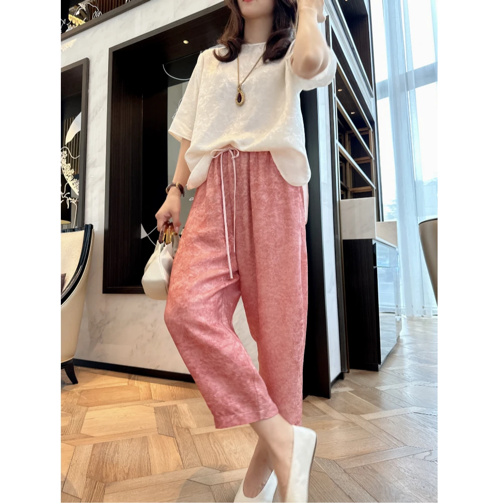 【老罗家】原创真丝女裤桑蚕丝花罗提花扎染哈伦裤显瘦九分休闲裤