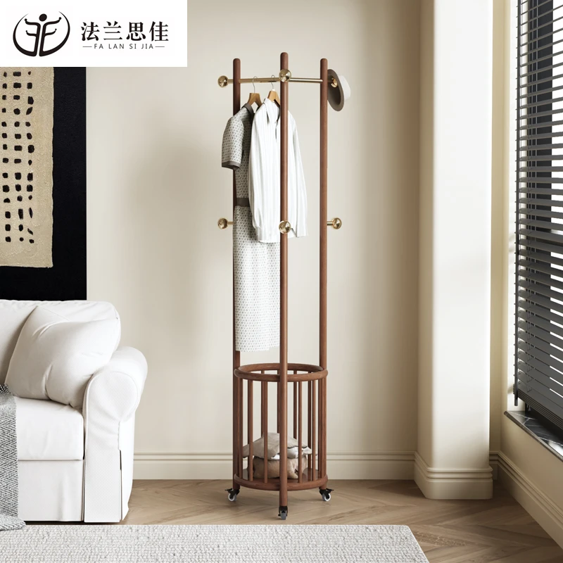 法兰思佳实木落地家用挂衣服架子新中式可移动衣服架客厅高端立式
