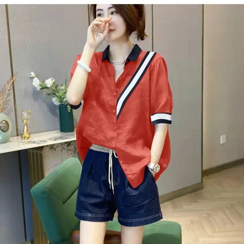 短袖红色衬衫女薄洋气减龄漂亮小衫欧货2023年夏季显瘦 3616
