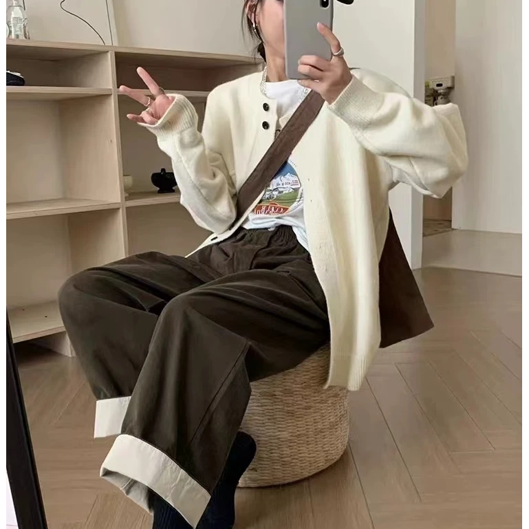 韩版卷边百搭高腰休闲直筒裤