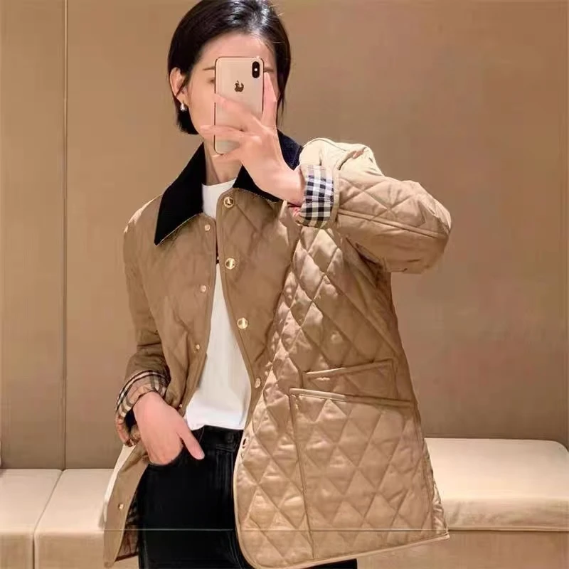 经典菱格翻领小香风轻薄棉服