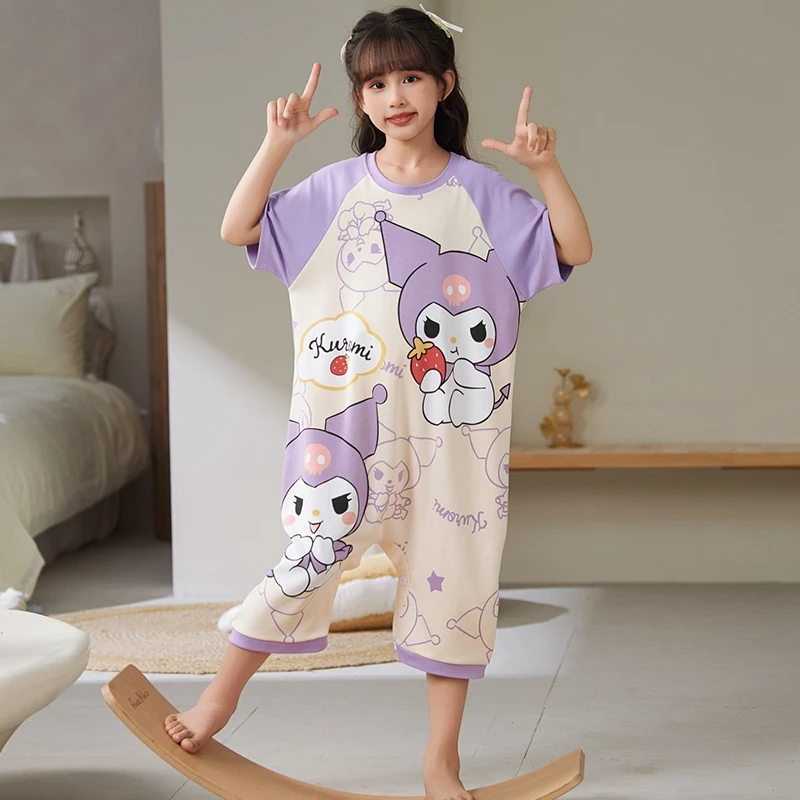 连体睡衣短袖纯棉女童圆领库洛米宝宝空调服防踢儿童中大童家居服