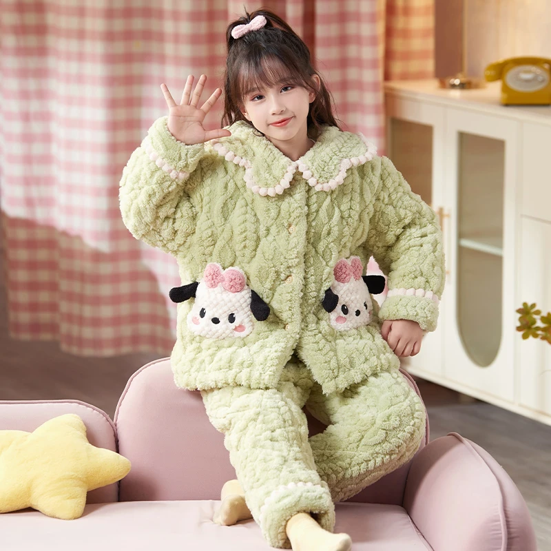 儿童睡衣女童2023新款冬季三层夹棉法兰绒加厚款珊瑚绒女孩家居服