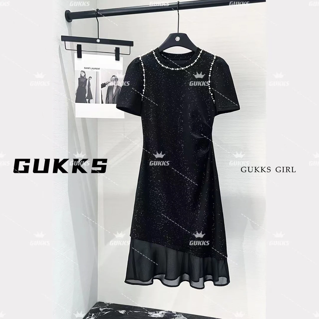 GUKKS夏季新款收腰小众珍珠圆领轻奢拼接百搭长裙女GK324