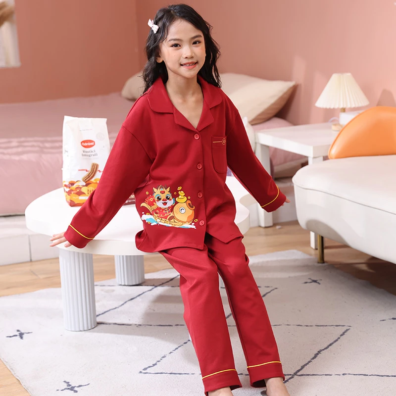 儿童睡衣女童春秋长袖纯棉女孩龙年本命年睡衣大红色家居服套装秋