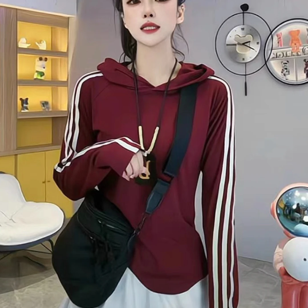 秋上新三条杠帽衫连帽卫衣套头上衣2024早秋新款百搭显瘦长袖修身