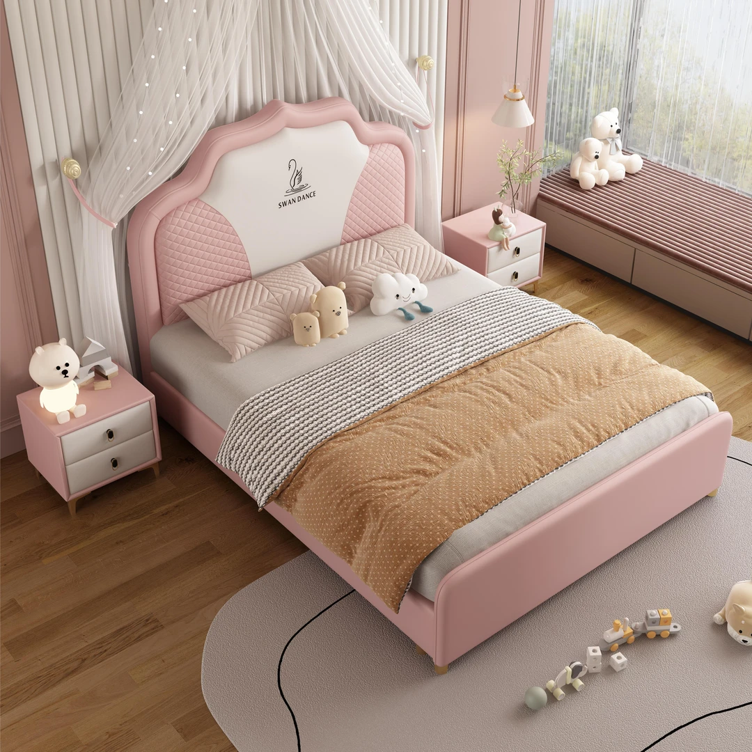 麦林熊儿童床粉色女孩公主床1.35米单人床1.5米青少年皮床星星床