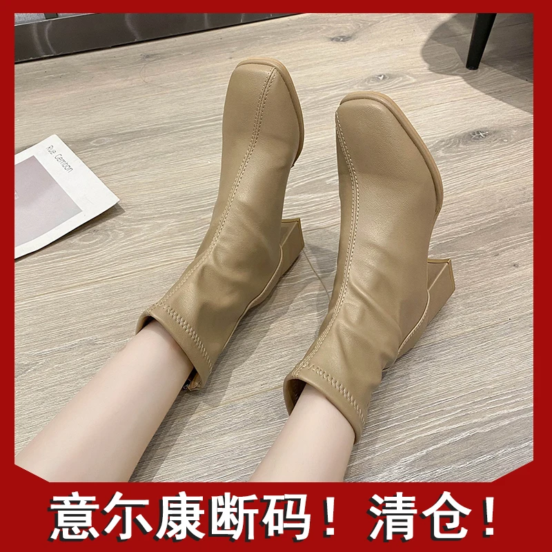 意尓康正品靴子女2023秋冬新款中跟方头短靴后拉链粗跟瘦瘦靴百搭