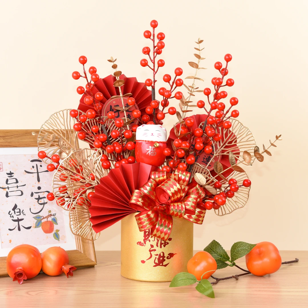 【金猫送福】新年年宵花桌面装饰摆件客厅玄关抱抱桶装饰过年福桶