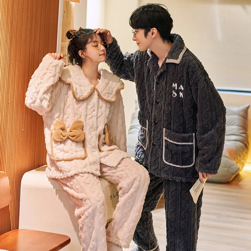 秋冬季轻奢绒款开衫卡通长袖长裤情侣睡衣保暖家居服可外穿5808